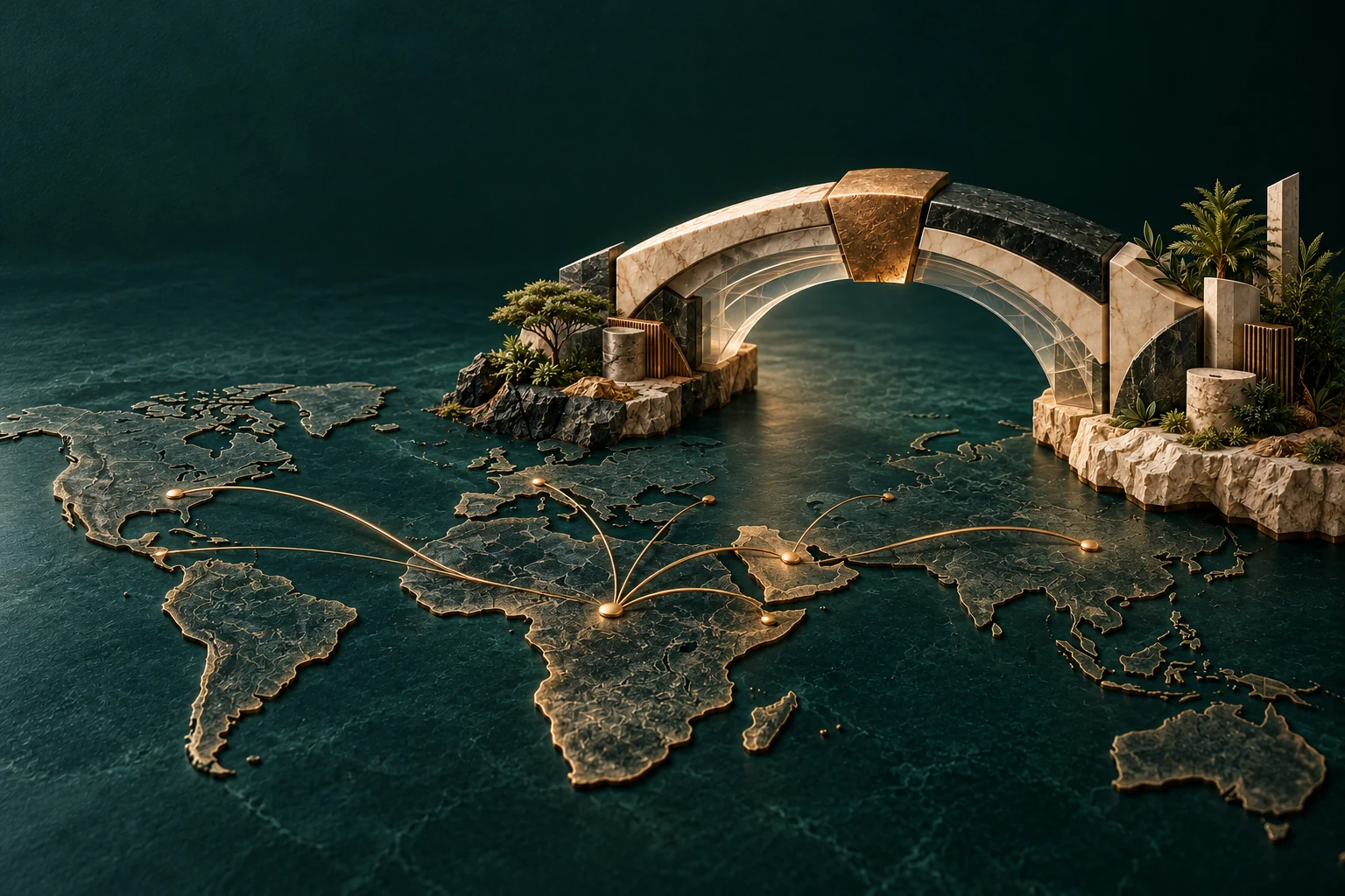 Conceptual stone and bronze bridge joining complementary structures above a world-map relief, with Africa and the Arabian Peninsula prominent and routes extending internationally